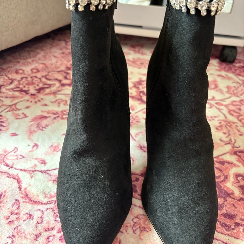 Express faux suede rhinestone edge Ankle Boots